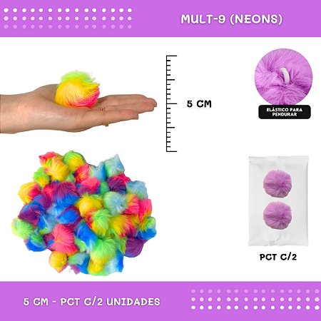 Pom Pom Pelucia - 50mm - Pct C/2 Unid. COR: MULT-9 (NEONS)