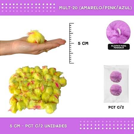 Pom Pom Pelucia - 50mm - Pct C/2 Unid. COR: MULT-20 (AMARELO/PINK/AZUL)