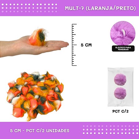 Pom Pom Pelucia - 50mm - Pct C/2 Unid. COR: MULT-7 (LARANJA/PRETO)