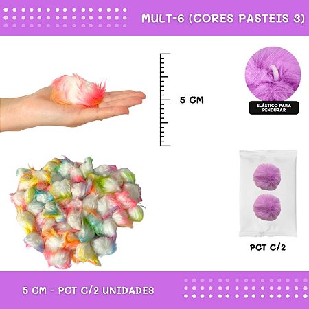 Pom Pom Pelucia - 50mm - Pct C/2 Unid. COR: MULT-6 (CORES PASTEIS 3)