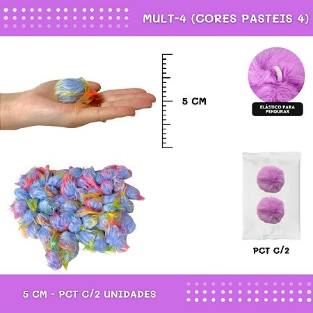 Pom Pom Pelucia - 50mm - Pct C/2 Unid. COR: MULT-4 (CORES PASTEIS 4)