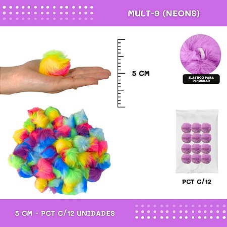 12 Unid. - Pom Pom Pelucia - 50mm COR: MULT-9 (NEONS)