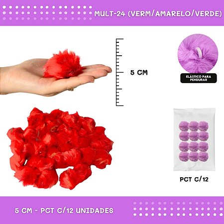 12 Unid. - Pom Pom Pelucia - 50mm COR: MULT-24 (VERM/AMARELO/VERDE)