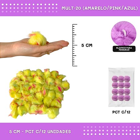 12 Unid. - Pom Pom Pelucia - 50mm COR: MULT-20 (AMARELO/PINK/AZUL)