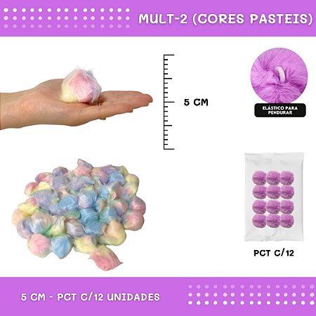 12 Unid. - Pom Pom Pelucia - 50mm COR: MULT-2 (CORES PASTEIS)