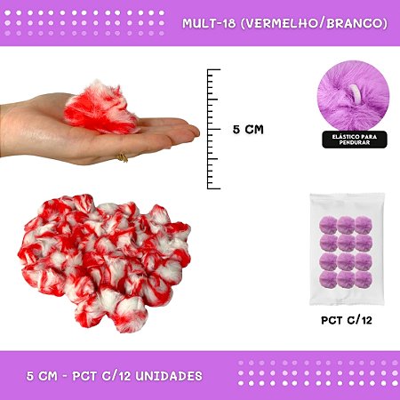 12 Unid. - Pom Pom Pelucia - 50mm COR: MULT-18 (VERMELHO/BRANCO)