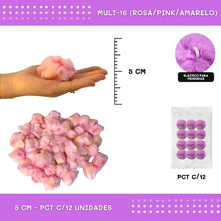 12 Unid. - Pom Pom Pelucia - 50mm COR: MULT-16 (ROSA/PINK/AMARELO)