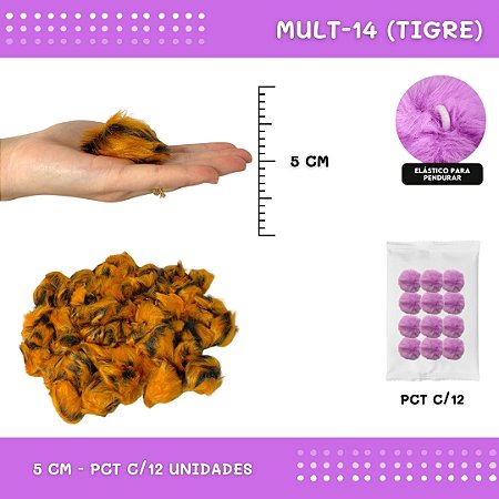 12 Unid. - Pom Pom Pelucia - 50mm COR: MULT-14 (TIGRE)