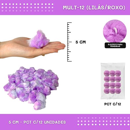 12 Unid. - Pom Pom Pelucia - 50mm COR: MULT-12 (LILAS/ROXO)