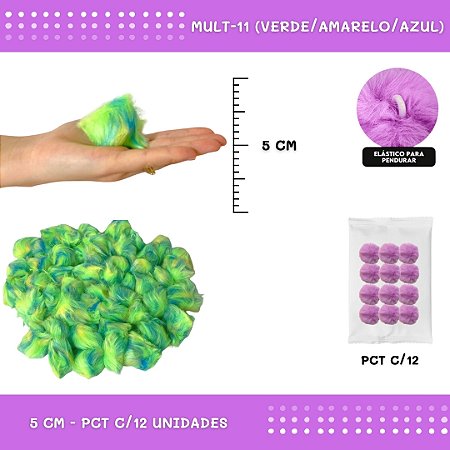 12 Unid. - Pom Pom Pelucia - 50mm COR: MULT-11 (VERDE/AMARELO/AZUL)