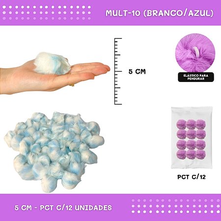 12 Unid. - Pom Pom Pelucia - 50mm COR: MULT-10 (BRANCO/AZUL)