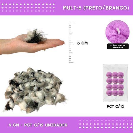 12 Unid. - Pom Pom Pelucia - 50mm COR: MULT-08 (PRETO E BRANCO)