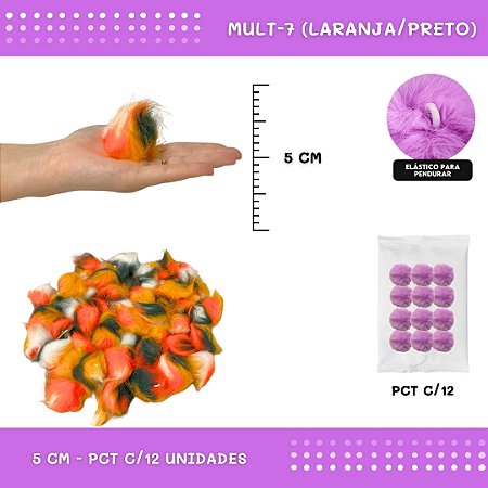 12 Unid. - Pom Pom Pelucia - 50mm COR: MULT-7 (LARANJA/PRETO)