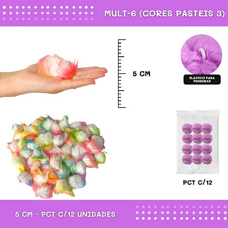 12 Unid. - Pom Pom Pelucia - 50mm COR: MULT-6 (CORES PASTEIS 3)