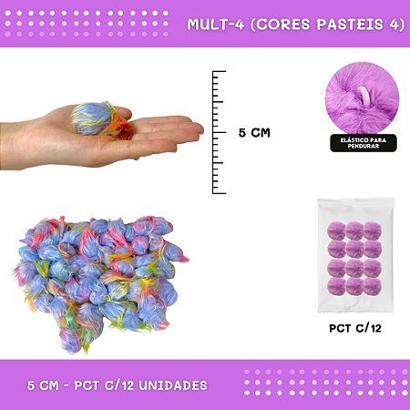 12 Unid. - Pom Pom Pelucia - 50mm COR: MULT-4 (CORES PASTEIS 4)