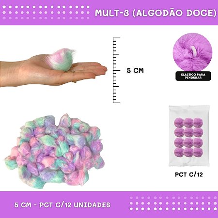 12 Unid. - Pom Pom Pelucia - 50mm COR: MULT-3 (ALGODAO DOCE)