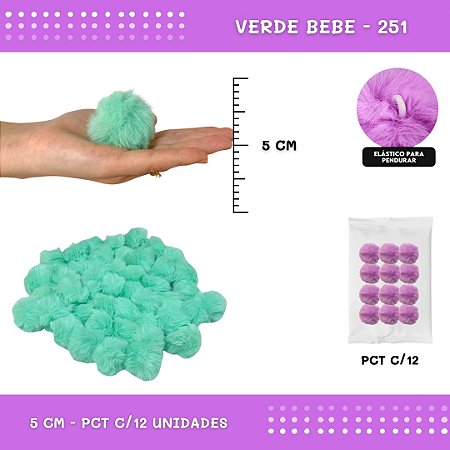 12 Unid. - Pom Pom Pelucia - 50mm COR: VERDE-BEBE-251