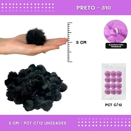 12 Unid. - Pom Pom Pelucia - 50mm COR: PRETO-310