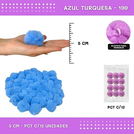 12 Unid. - Pom Pom Pelucia - 50mm COR: AZUL-TURQUESA-199