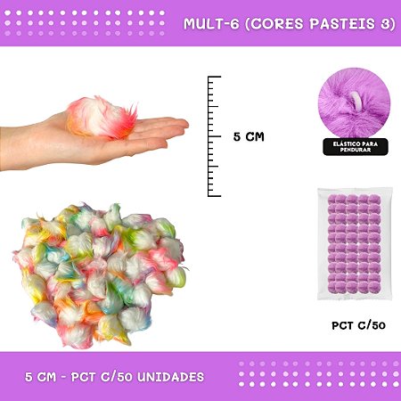 Pom Pom Pelucia - 50mm - Pct C/50 Unid. COR: MULT-6 (CORES PASTEIS 3)