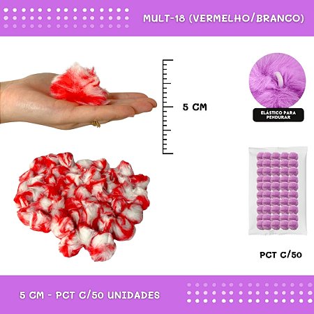Pom Pom Pelucia - 50mm - Pct C/50 Unid. COR: MULT-18 (VERMELHO/BRANCO)