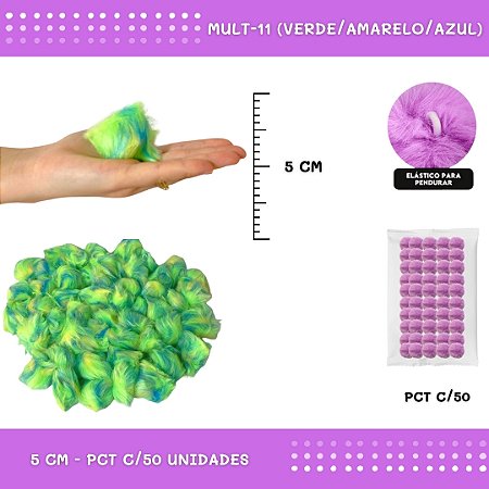 Pom Pom Pelucia - 50mm - Pct C/50 Unid. COR: MULT-11 (VERDE/AMARELO/AZUL)