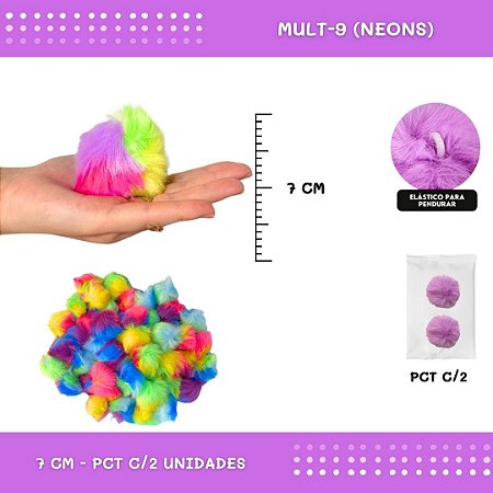 Pom Pom Pelucia - 70mm - Pct C/2 Unid. COR: MULT-9 (NEONS)