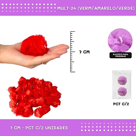 Pom Pom Pelucia - 70mm - Pct C/2 Unid. COR: MULT-24 (VERM/AMARELO/VERDE)