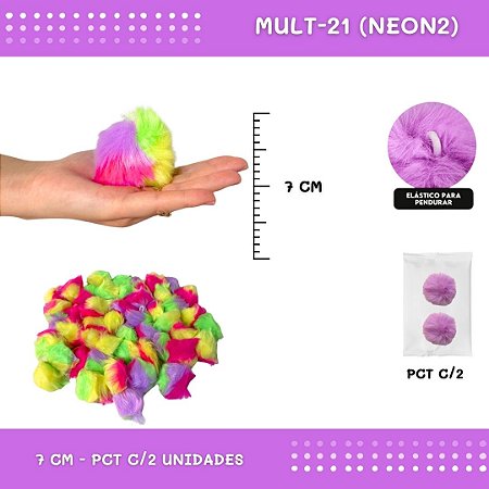 Pom Pom Pelucia - 70mm - Pct C/2 Unid. COR: MULT-21 (NEON2)