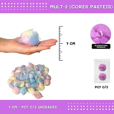 Pom Pom Pelucia - 70mm - Pct C/2 Unid. COR: MULT-2 (CORES PASTEIS)