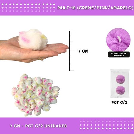 Pom Pom Pelucia - 70mm - Pct C/2 Unid. COR: MULT-19 (CREME/PINK/AMARELO)