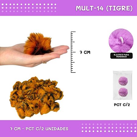 Pom Pom Pelucia - 70mm - Pct C/2 Unid. COR: MULT-14 (TIGRE)