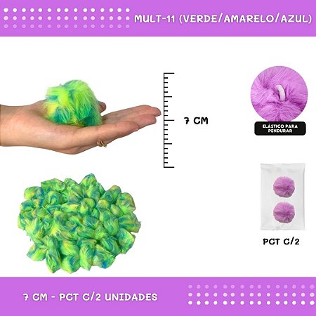 Pom Pom Pelucia - 70mm - Pct C/2 Unid. COR: MULT-11 (VERDE/AMARELO/AZUL)