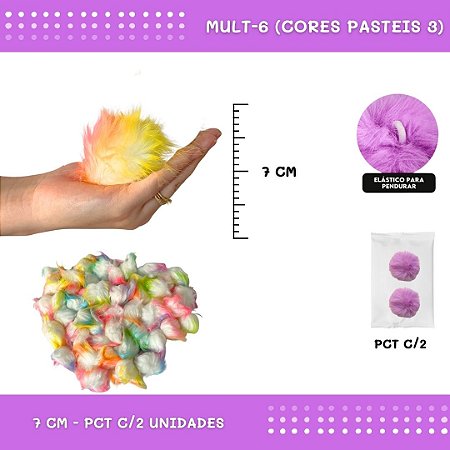 Pom Pom Pelucia - 70mm - Pct C/2 Unid. COR: MULT-6 (CORES PASTEIS 3)