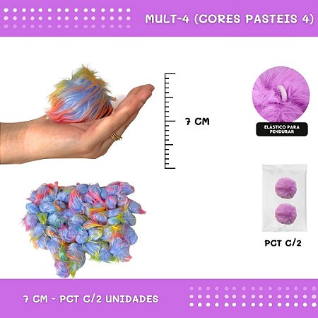 Pom Pom Pelucia - 70mm - Pct C/2 Unid. COR: MULT-4 (CORES PASTEIS 4)