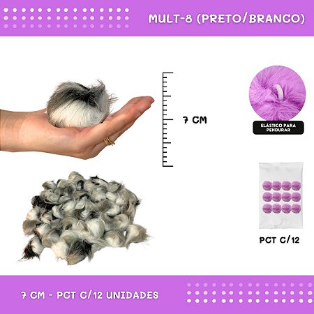 12 Unid. Pom Pom Pelucia - 70mm COR: MULT-08 (PRETO E BRANCO)