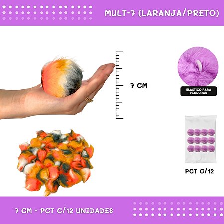 12 Unid. Pom Pom Pelucia - 70mm COR: MULT-7 (LARANJA/PRETO)