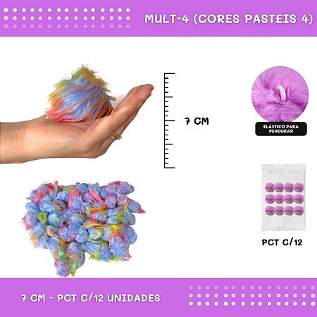 12 Unid. Pom Pom Pelucia - 70mm COR: MULT-4 (CORES PASTEIS 4)