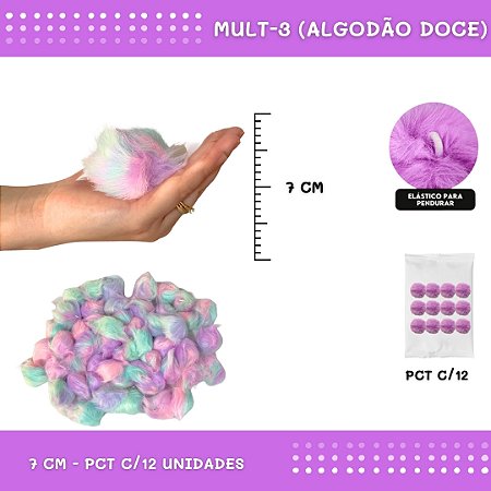 12 Unid. Pom Pom Pelucia - 70mm COR: MULT-3 (ALGODAO DOCE)