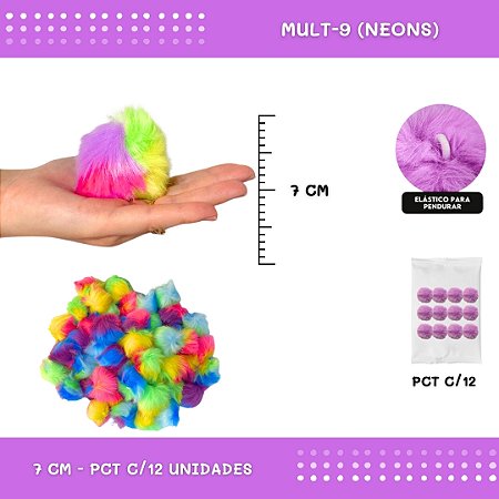 12 Unid. Pom Pom Pelucia - 70mm COR: MULT-9 (NEONS)