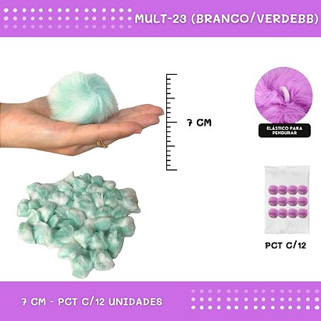 12 Unid. Pom Pom Pelucia - 70mm COR: MULT-23 (BRANCO/VERDEBB)