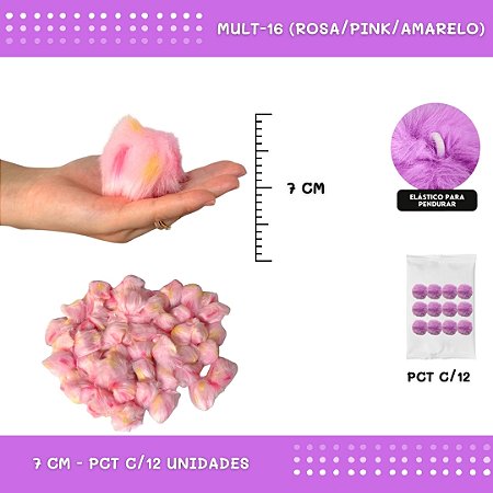 12 Unid. Pom Pom Pelucia - 70mm COR: MULT-16 (ROSA/PINK/AMARELO)