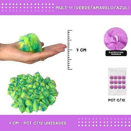 12 Unid. Pom Pom Pelucia - 70mm COR: MULT-11 (VERDE/AMARELO/AZUL)