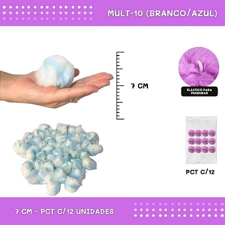 12 Unid. Pom Pom Pelucia - 70mm COR: MULT-10 (BRANCO/AZUL)