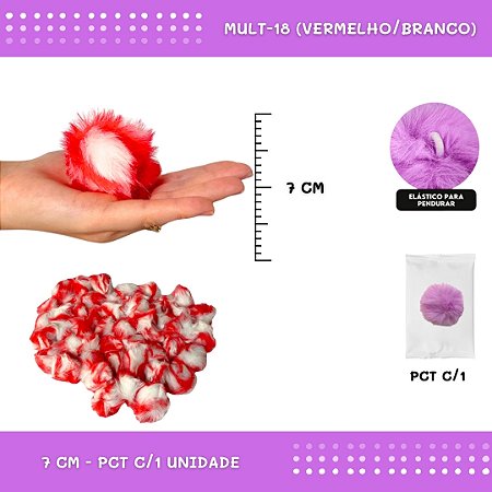 Pom Pom Pelucia - 70mm - Unidade COR: MULT-18 (VERMELHO/BRANCO)