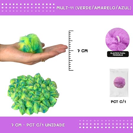 Pom Pom Pelucia - 70mm - Unidade COR: MULT-11 (VERDE/AMARELO/AZUL)