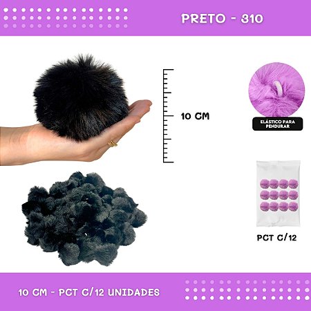 Pom Pom Pelucia - 100mm (10Cm) - Pct C/12 Unid. COR: PRETO-310
