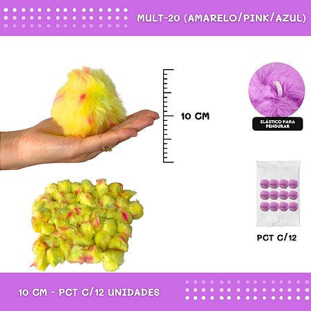 Pom Pom Pelucia - 100mm (10Cm) - Pct C/12 Unid. COR: MULT-20 (AMARELO/PINK/AZUL)