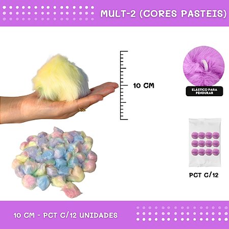 Pom Pom Pelucia - 100mm (10Cm) - Pct C/12 Unid. COR: MULT-2 (CORES PASTEIS)