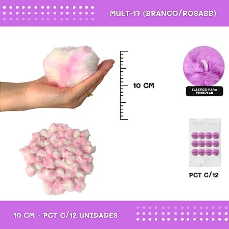Pom Pom Pelucia - 100mm (10Cm) - Pct C/12 Unid. COR: MULT-17 (BRANCO/ROSABB)